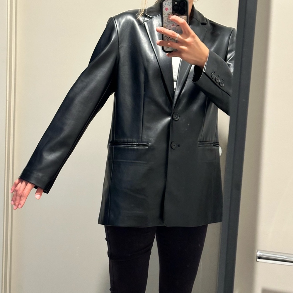 Used French Connection Faux Leather Blazer Jacket Black Medium US 6